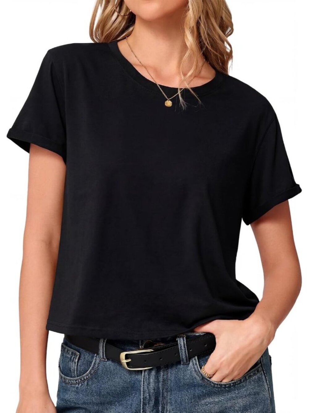 Women's Black Summer Short Sleeve Crewneck Crop Casual and Flowy Style T Shirt